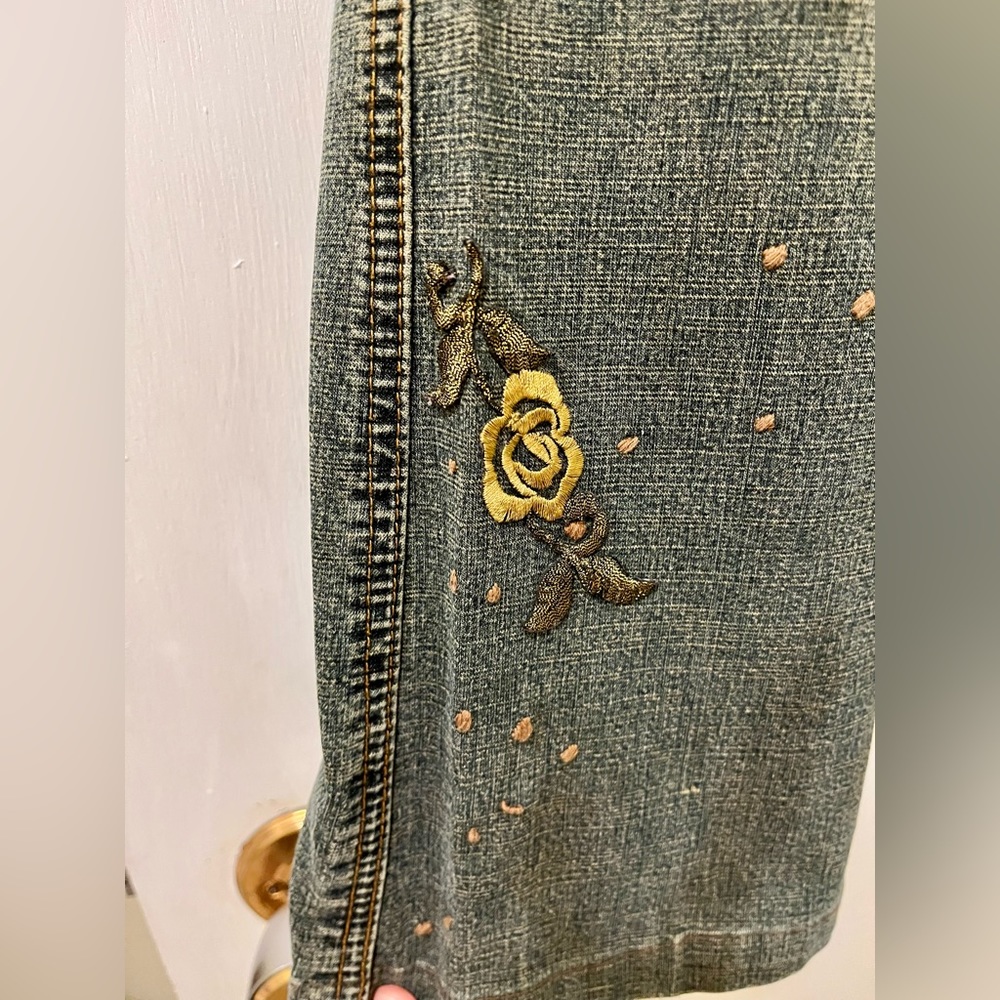 Vintage Y2K Flare Embroidered Floral Rose Faux Leather 100% Cotton Jeans size 30 - Picture 9 of 9